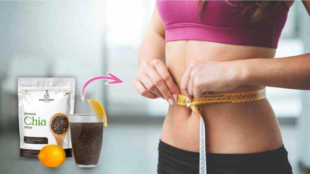 Woman in pink bra measuring waist with inch tape, chia seeds soaked in water, chia seed pack, and a lemon – concept of Chia Seeds for Weight Loss.
