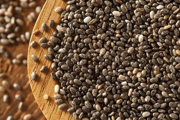 Organic dry black chia seeds in a bowl on a wooden table – superfood rich in fiber, omega-3, and protein