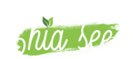 Chia seed" logo with white cursive text over a green brushstroke background and a small leaf detail.