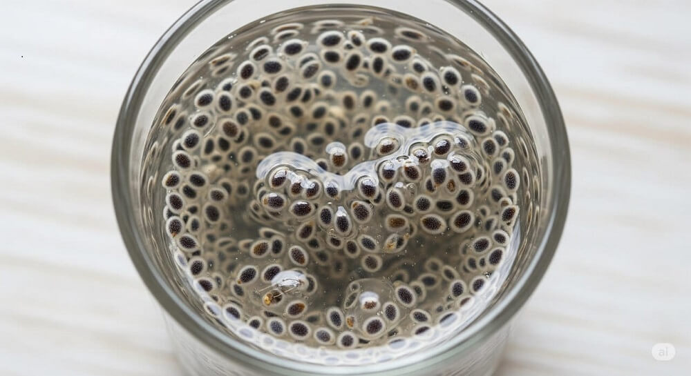 Soaking basil seeds in water.