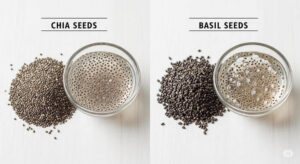 Chia seeds vs. basil seeds, dry and soaked.