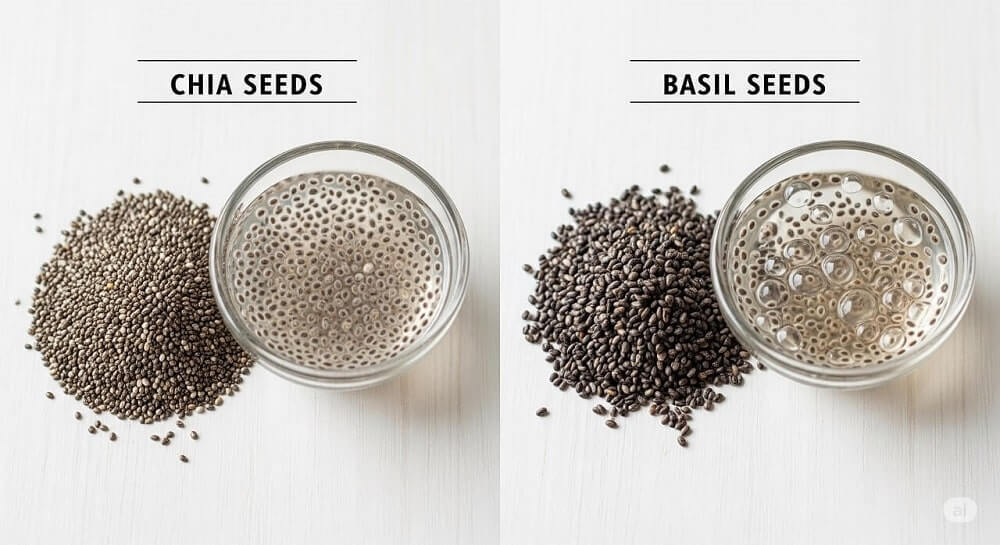 Chia seeds vs. basil seeds, dry and soaked.