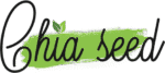 Chia seed logo with green background brush stroke and leaf design.