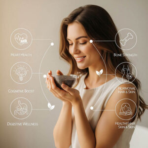 Woman holding chia seeds with icons showing health benefits like heart health, digestion, and skin wellness.