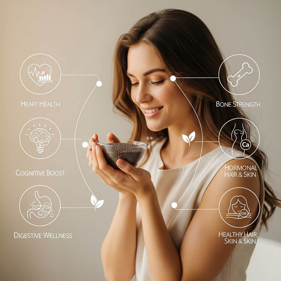 Woman holding chia seeds with icons showing health benefits like heart health, digestion, and skin wellness.