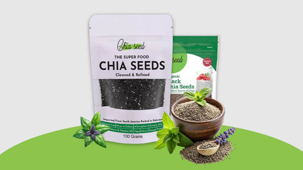 Premium chia seeds packaging with bowl of chia seeds and mint leaves