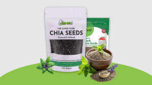 Premium chia seeds packaging with bowl of chia seeds and mint leaves