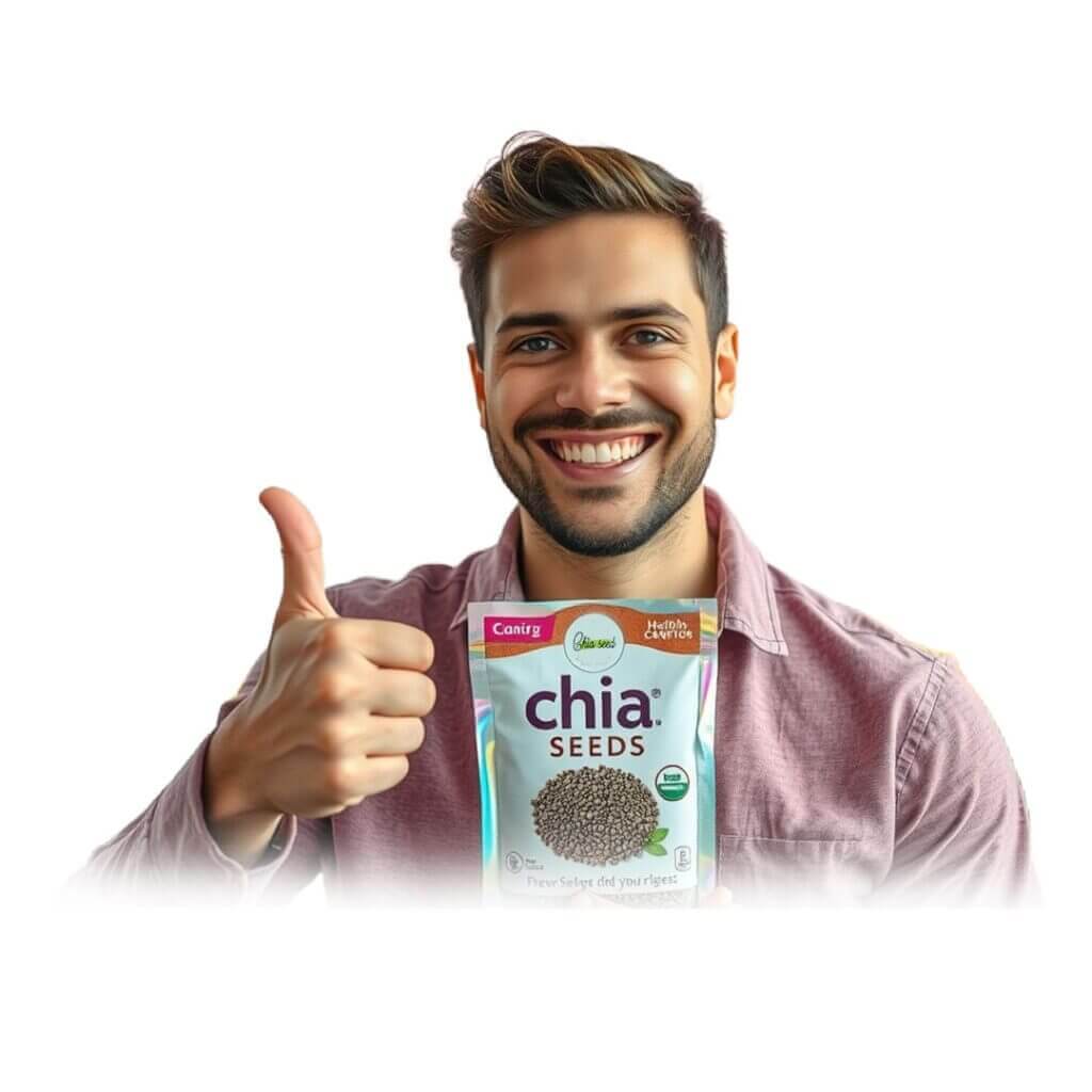Smiling man holding a pack of chia seeds and showing thumbs up.