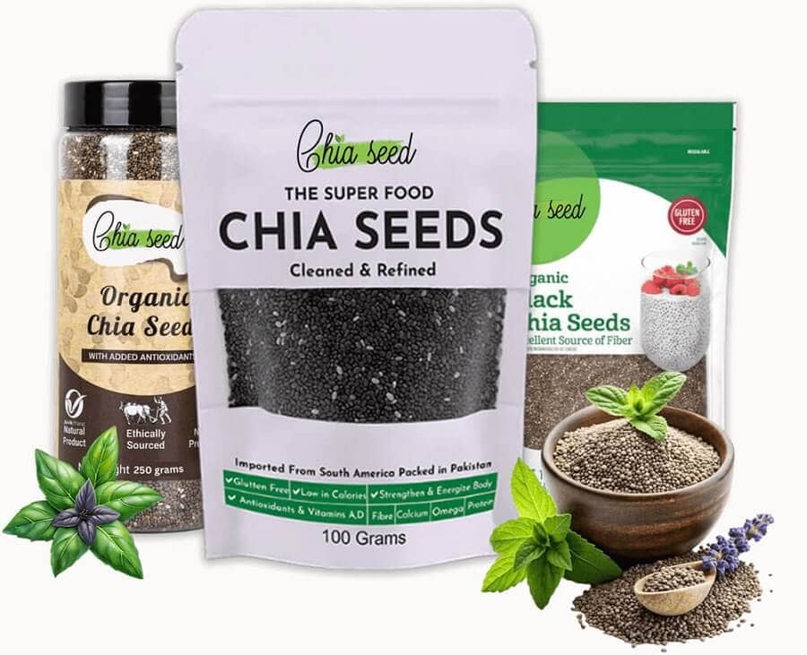 Organic chia seeds packaging including jar, pouch, and bag with chia seeds in a wooden bowl and green leaves.